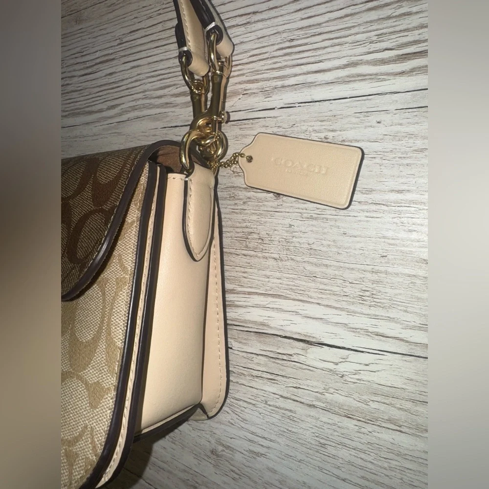 Coach Morgan Crossbody Shoulder Bag Blocked Signature Canvas Gold/Light Khaki